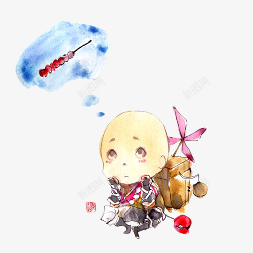 手绘肚子饿的小和尚png免抠素材_新图网 https://ixintu.com 冰糖葫芦 卡通小和尚 小和尚 小沙弥 幻想 手绘和尚 手绘小和尚 木鱼 肚子饿 风车 饿肚子