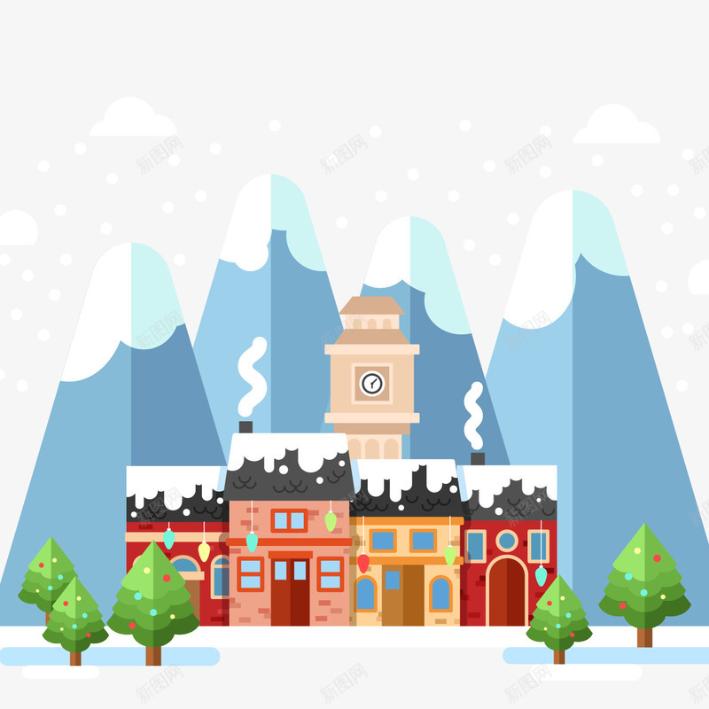 下雪的冬天矢量图ai免抠素材_新图网 https://ixintu.com 大山 房子 树木 炊烟袅袅 矢量图