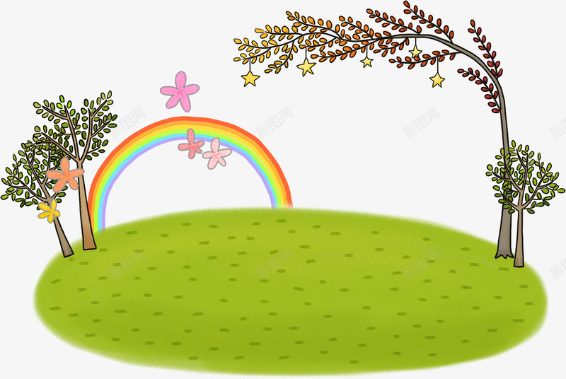 卡通草地与彩虹psd免抠素材_新图网 https://ixintu.com 卡通小树 小树 彩虹 草地 风景插画
