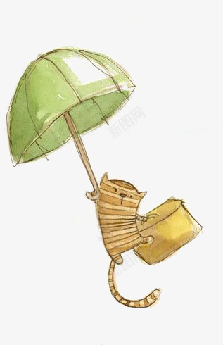 卡通小猫png免抠素材_新图网 https://ixintu.com 动物 小猫 拟人 涂鸦 绿色 雨伞