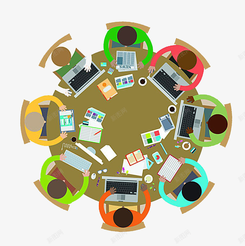 围成一圈的开会的人png免抠素材_新图网 https://ixintu.com 开会 开会的人 文件 板凳 桌子 电脑 男士 白领 笔记本