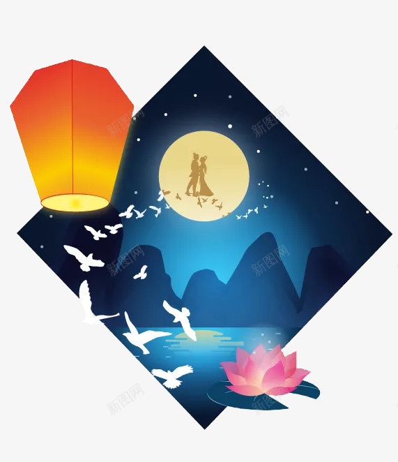 夜晚月亮png免抠素材_新图网 https://ixintu.com 夜晚 大山 月亮 灯笼 牛郎 织女 蓝色 黄色