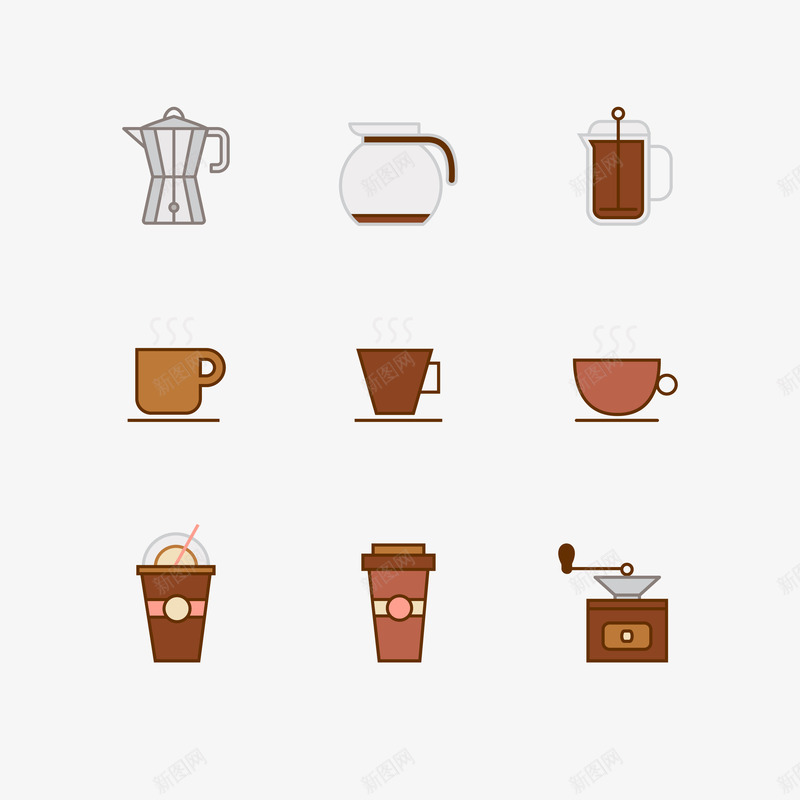 卡通简约彩色咖啡杯咖啡器具矢量图ai免抠素材_新图网 https://ixintu.com 卡通 咖啡 咖啡器具 咖啡壶 咖啡杯 彩色 手冲壶 手摇磨豆机 摩卡壶 法压壶 矢量图 简约