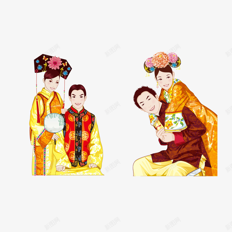 卡通婚纱照png免抠素材_新图网 https://ixintu.com 卡通新郎新娘 古装 婚庆 旗袍 服饰 清朝服饰