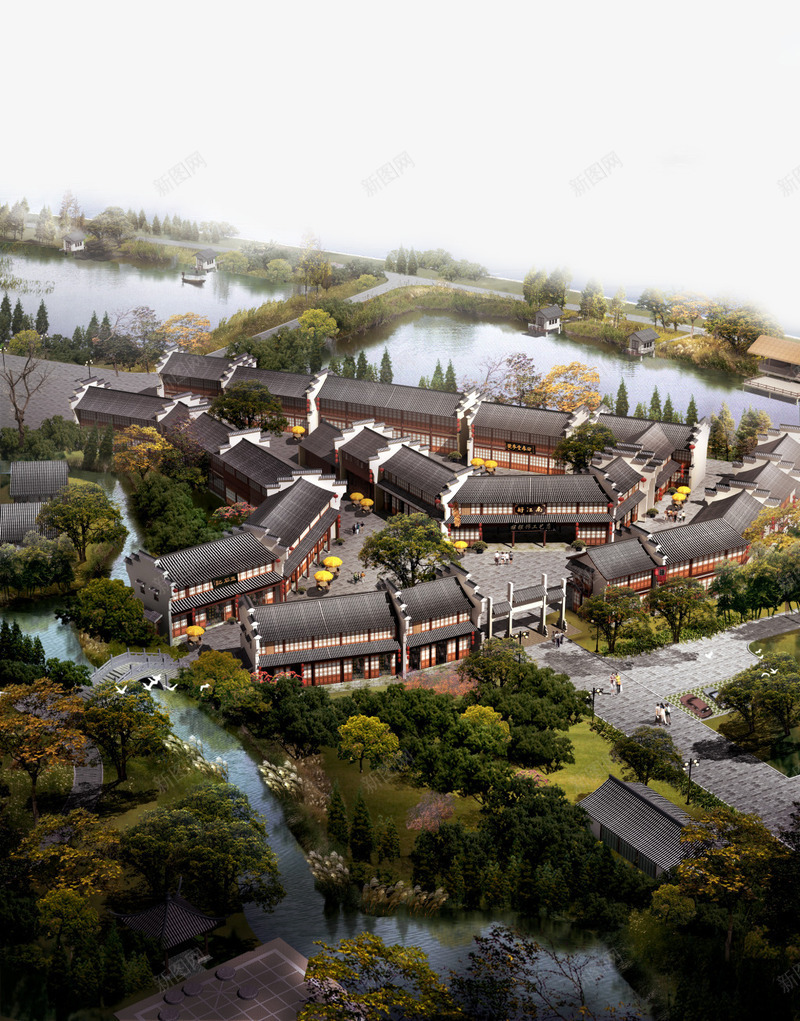 唯美古建筑群鸟瞰图png免抠素材_新图网 https://ixintu.com ps鸟瞰群 公路 古建筑鸟瞰图 古风 小区鸟瞰图 建筑 房屋 树木 河流 鸟瞰图