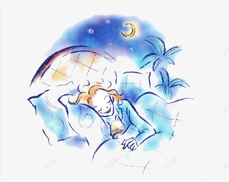 手绘水墨晕染插图睡着的女孩png免抠素材_新图网 https://ixintu.com 夜晚 手绘 晕染 水墨 睡着的女人 睡着的女孩 蓝色水墨插图 装饰画