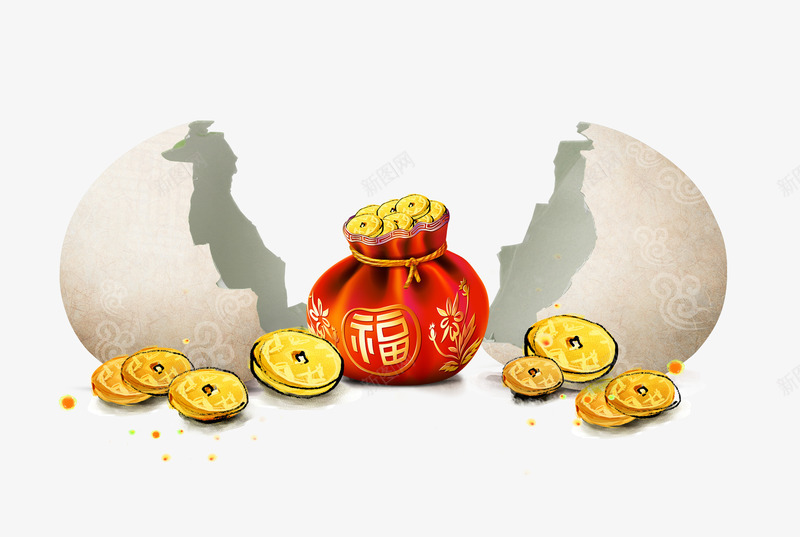 金币福袋png免抠素材_新图网 https://ixintu.com 福袋 蛋壳 金币