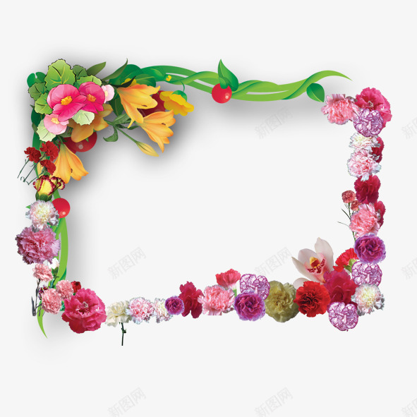 花卉边框png免抠素材_新图网 https://ixintu.com 粉花 紫花 红花 绿叶 花朵 边框 黄花