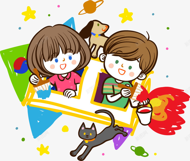卡通火箭上绘画男女矢量图ai免抠素材_新图网 https://ixintu.com Q版绘画男女 太空畅想的绘画男女 手绘男孩女孩 火箭上的男孩女孩 矢量图