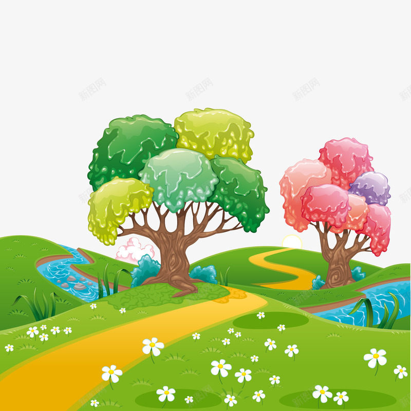 草地河流绿树矢量图ai免抠素材_新图网 https://ixintu.com 创意卡通 卡通插图 河流 绿树 草地 风景 矢量图