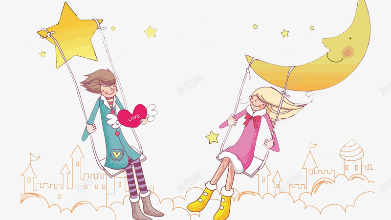 荡秋千的恋人png免抠素材_新图网 https://ixintu.com PNG PNG免费下载 PNG图片 恋爱 情侣 星星 星空 月亮 秋千