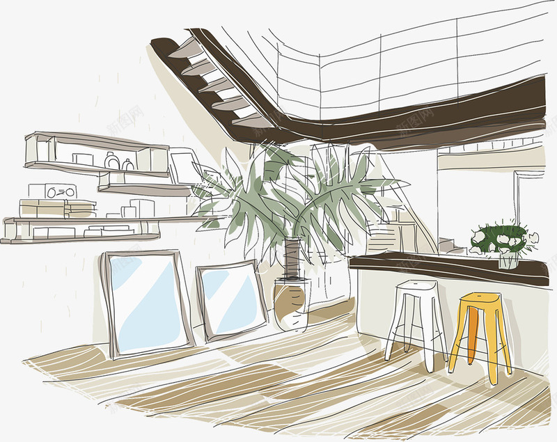 马克笔手绘室内楼梯间插图png免抠素材_新图网 https://ixintu.com 创意海报 室内 室内设计 建筑 手绘 楼梯 楼梯间 装修模板 设计插图 马克笔