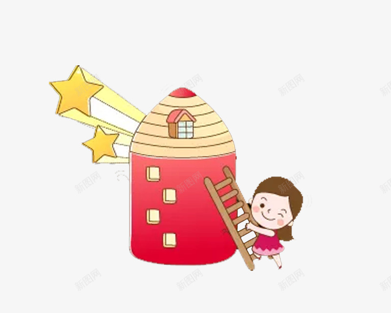 小女孩爬梯子png免抠素材_新图网 https://ixintu.com 儿童 可爱 孩子 小女孩 开心 星星 梯子 玩耍 红房子