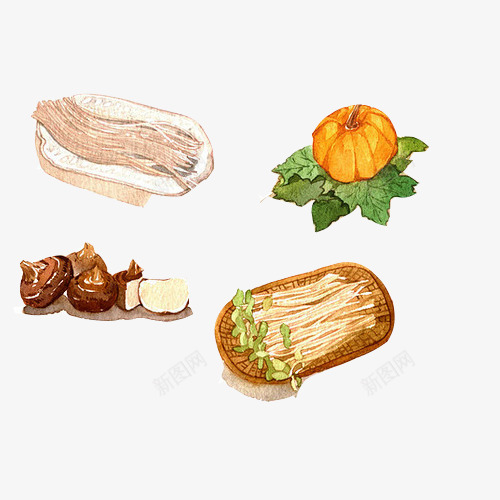 蔬菜类手绘画片png免抠素材_新图网 https://ixintu.com 南瓜 手绘画 竹篮子 色彩 菩提 金针菇