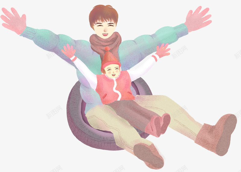 卡通手绘亲子滑雪插画png免抠素材_新图网 https://ixintu.com 亲子滑雪 冬天 卡通手绘 插画 滑雪 装饰图案