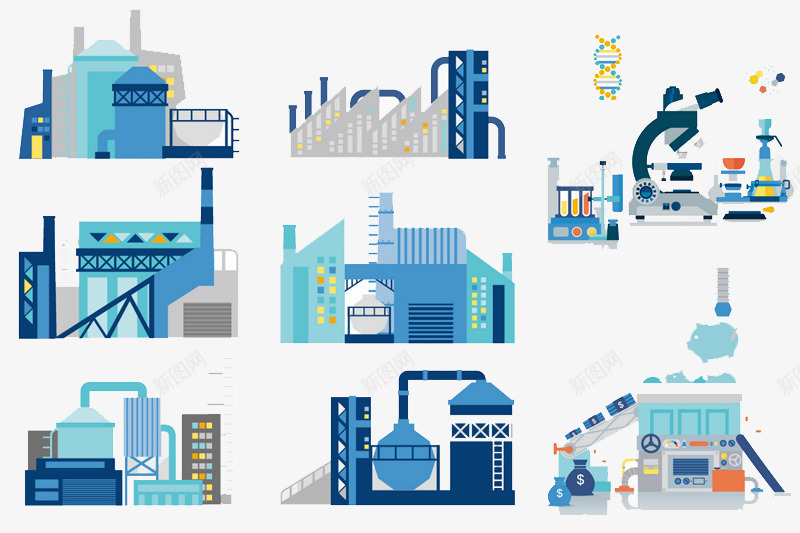 创意工业元素插画矢量图eps免抠素材_新图网 https://ixintu.com 免费png图片 免费矢量素材 化工厂 化工设备 工业 工厂 火力发电 矢量图 科技 科研