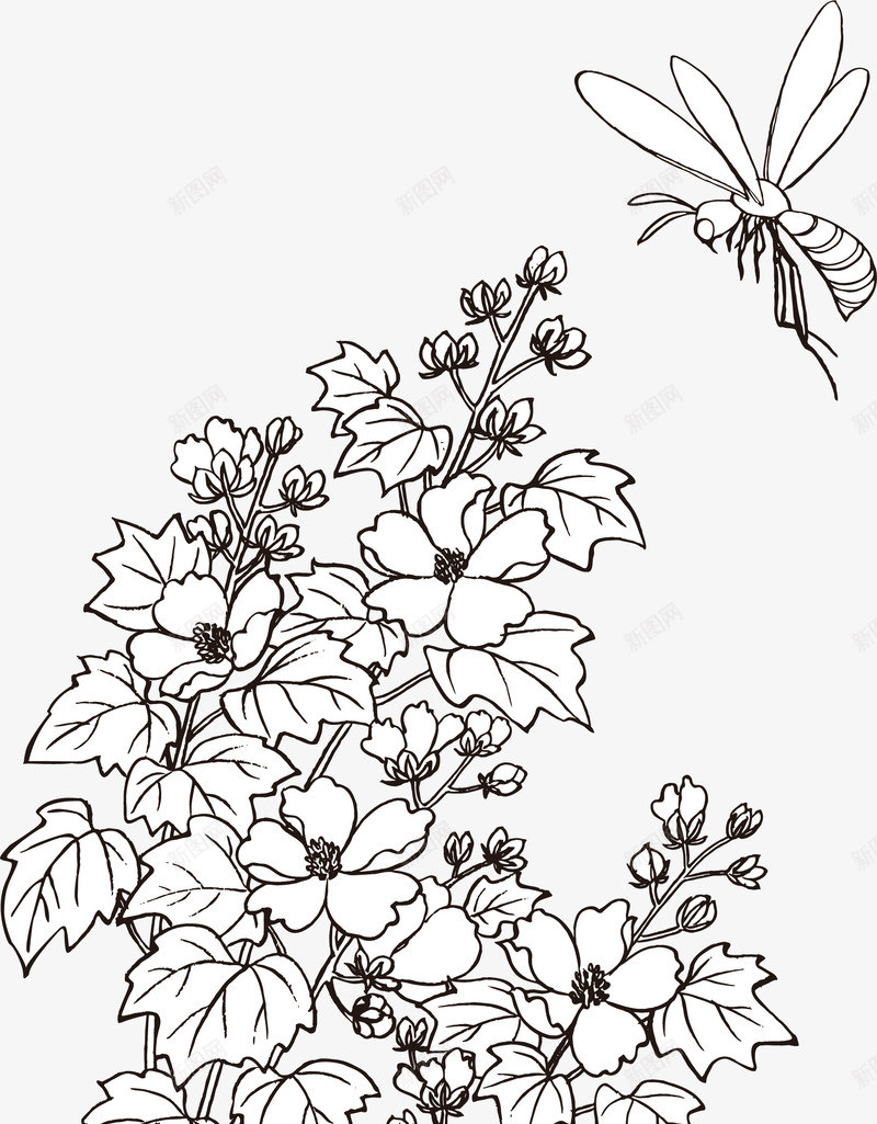 手绘装饰线描花卉蜜蜂图案矢量图ai免抠素材_新图网 https://ixintu.com 儿童植物简笔画 创意 手绘图案 手绘花朵叶子 手绘风装饰图案 线描花朵 花卉蜜蜂 矢量图