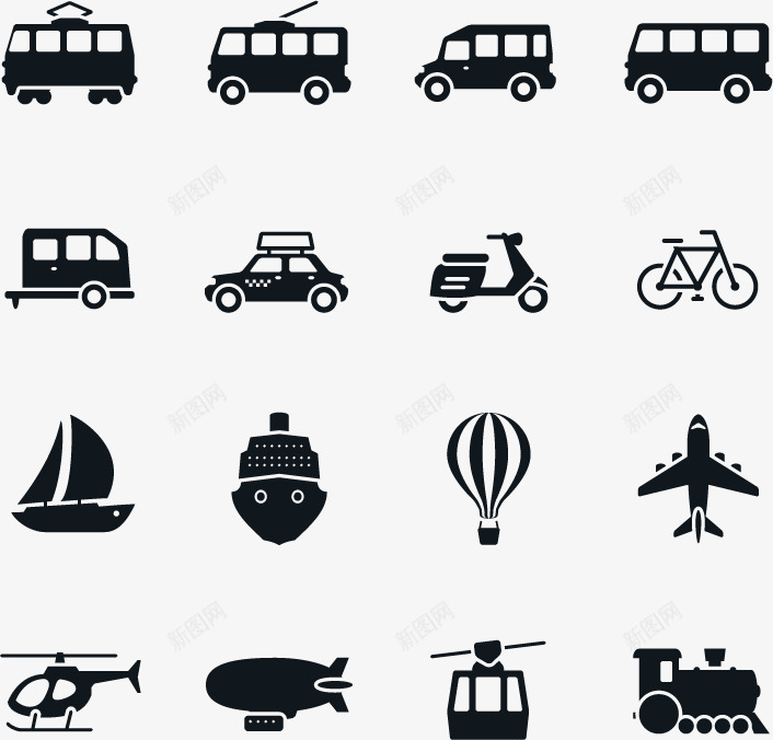 卡通黑色交通工具图标png_新图网 https://ixintu.com 交通工具 公交车 图标 火车 自行车 飞机