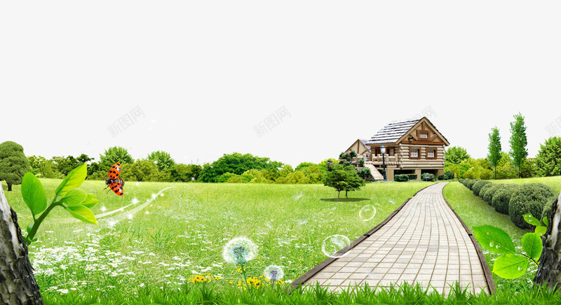 小径别墅风光背景png免抠素材_新图网 https://ixintu.com 别墅 小路 树木 草地 风景