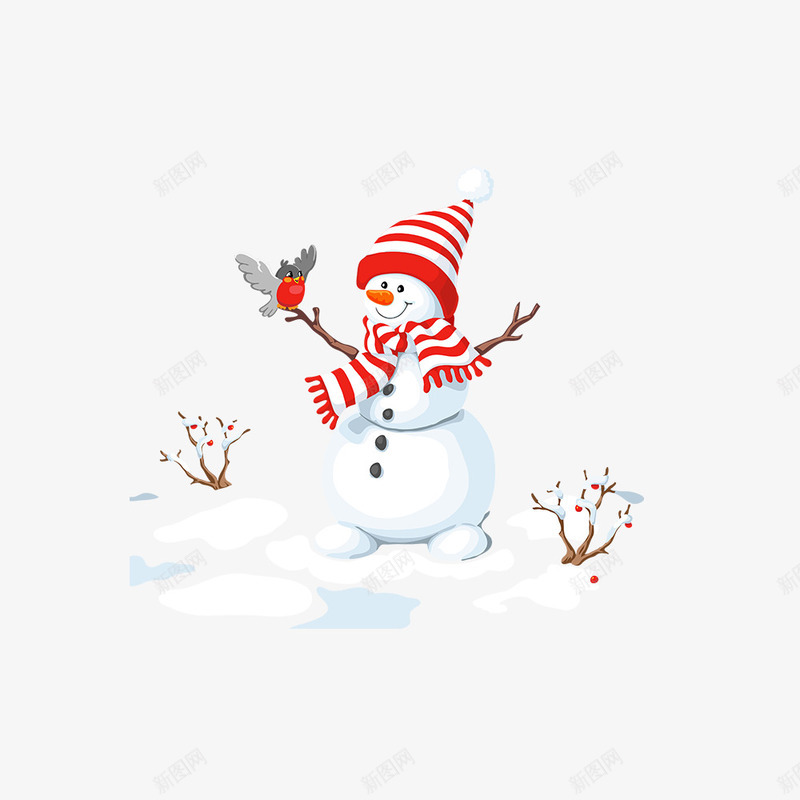 卡通手绘雪人和鸟儿png免抠素材_新图网 https://ixintu.com 冬天 冬季 卡通 圣诞节 手绘 树杈 红色围巾 红色帽子 雪人 鸟儿