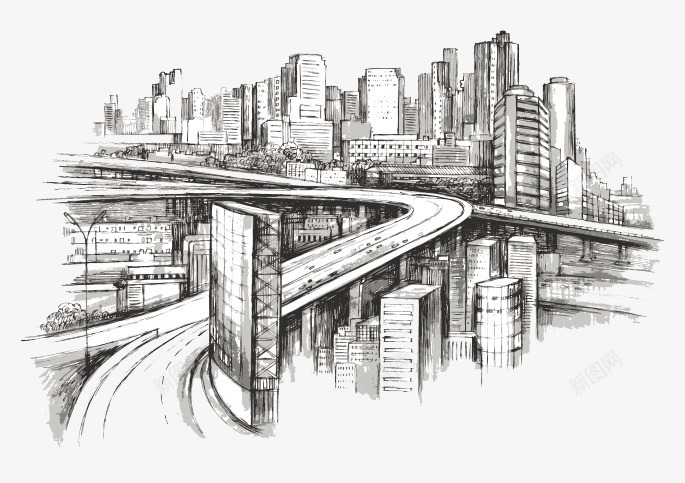 手绘素描城市背景png免抠素材_新图网 https://ixintu.com 城市建筑 手绘 素描