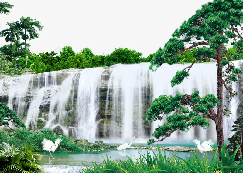中堂装饰山水画psd免抠素材_新图网 https://ixintu.com 中堂画 山水画 树木 湖水 瀑布 青山绿水