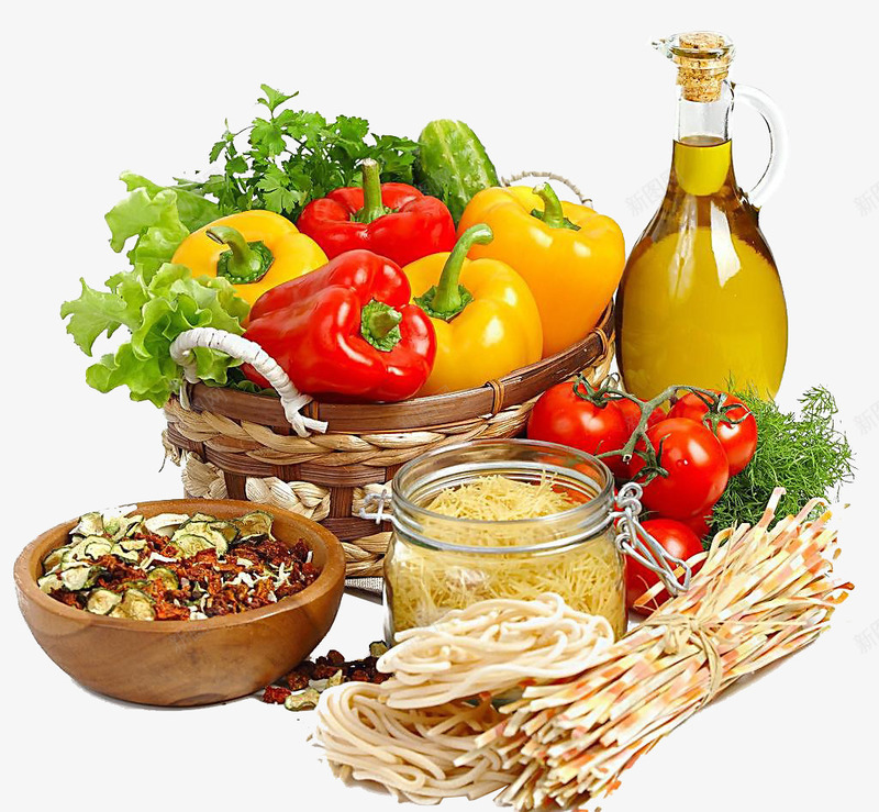 蔬菜食用油png免抠素材_新图网 https://ixintu.com 厨房调料 篮子 菜叶 蔬菜 青椒 食用油