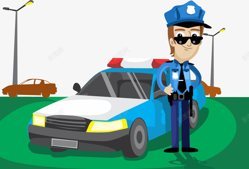 执法人员矢量图ai免抠素材_新图网 https://ixintu.com 执法 草地 警察 警车 路灯 矢量图
