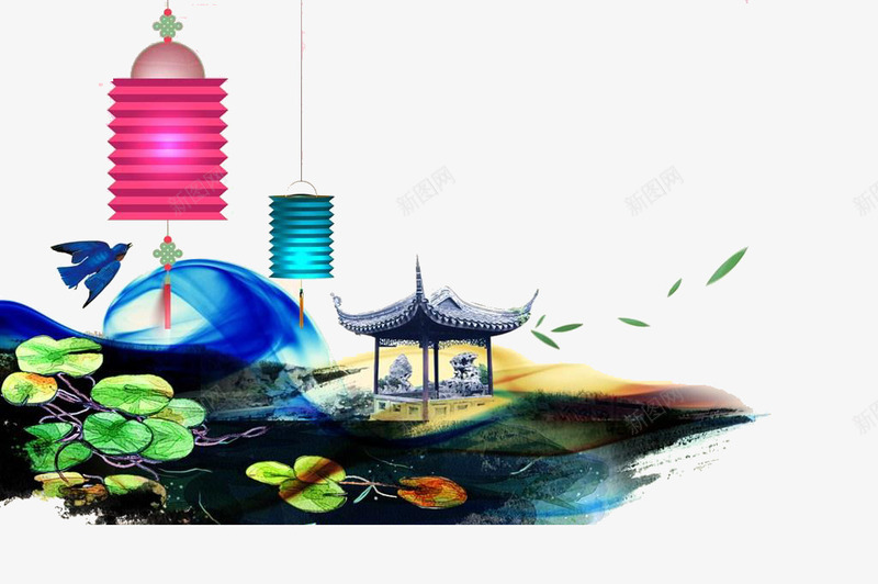 中秋png免抠素材_新图网 https://ixintu.com 中秋 亭子 水墨 灯笼 蓝色 赏月