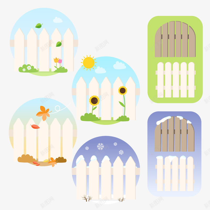 篱笆矢量图ai免抠素材_新图网 https://ixintu.com 各色卡通篱笆 篱笆和风景结合 草地护栏 矢量图