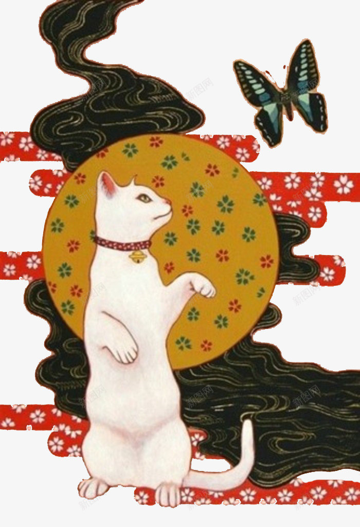 日式风插画png免抠素材_新图网 https://ixintu.com 屏风 烟雾 猫咪 红色花纹 纹蝴蝶 蝴蝶 贴图装饰