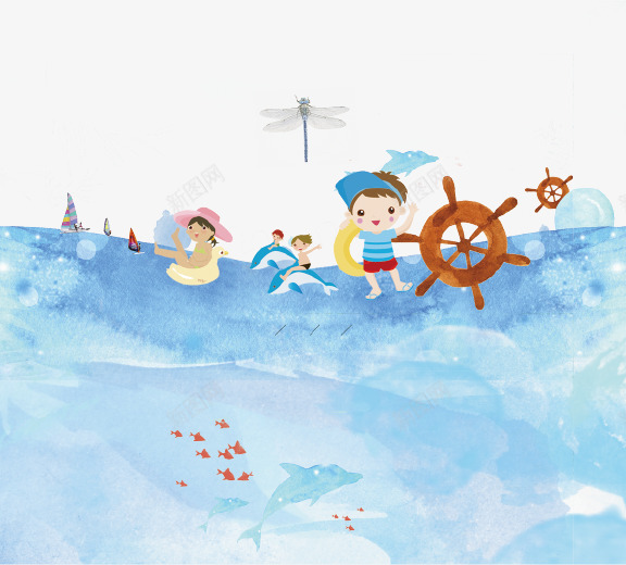 蓝色手绘唯美水上乐园插画psd免抠素材_新图网 https://ixintu.com 儿童 唯美 夏季 手绘 插画 暑假 水上乐园 蓝色