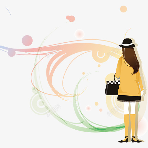 女孩背影png免抠素材_新图网 https://ixintu.com 卡通女孩 唯美 彩色线条 手绘可爱 秋季装饰 黄色