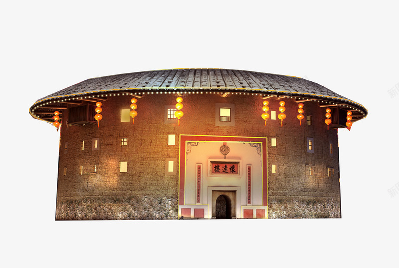 圆形灯楼png免抠素材_新图网 https://ixintu.com 土楼 夜晚 建筑 灯楼 灯笼