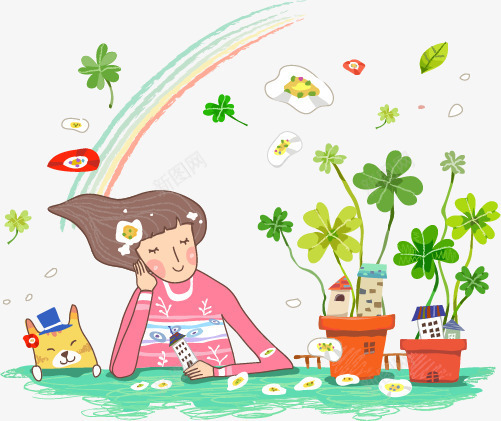 彩绘长发女孩插画矢量图eps免抠素材_新图网 https://ixintu.com 四叶草女孩猫彩虹花盆春季矢量图 矢量图