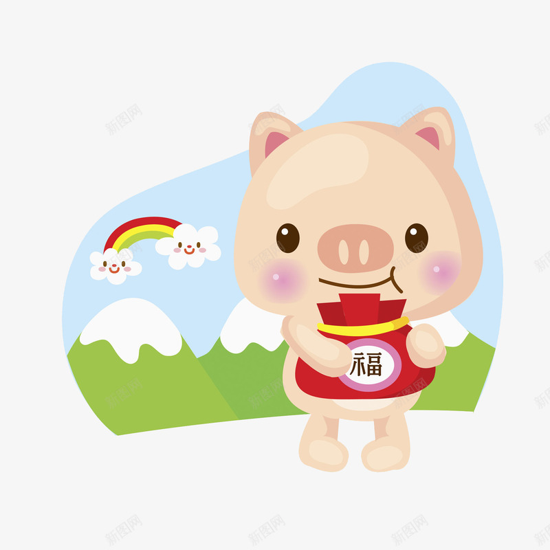 抱着红袋子的小猪png免抠素材_新图网 https://ixintu.com 卡通 可爱的 小猪 彩虹 福字体 红袋子 钱袋子