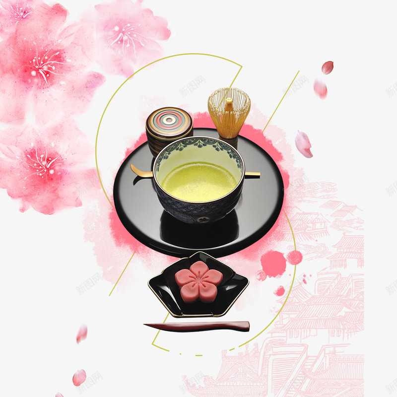 日式茶道樱花装饰png免抠素材_新图网 https://ixintu.com 日式 樱花装饰 茶具装饰 茶道 飘落的花瓣 黑色盘子