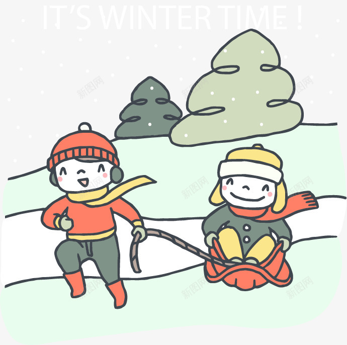 冬天来啦矢量图ai免抠素材_新图网 https://ixintu.com 下雪 两个男孩 免扣png素材 免费png素材 冰爬犁 开心的孩子 矢量图