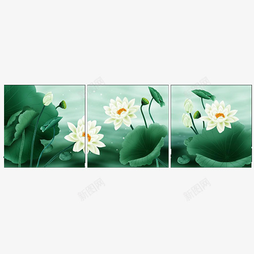 荷花三联画png免抠素材_新图网 https://ixintu.com 三联画 画 组合 绘画