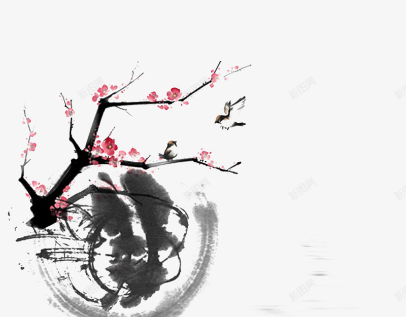 水墨如画png免抠素材_新图网 https://ixintu.com 墨点 晕染 枝条 梅花