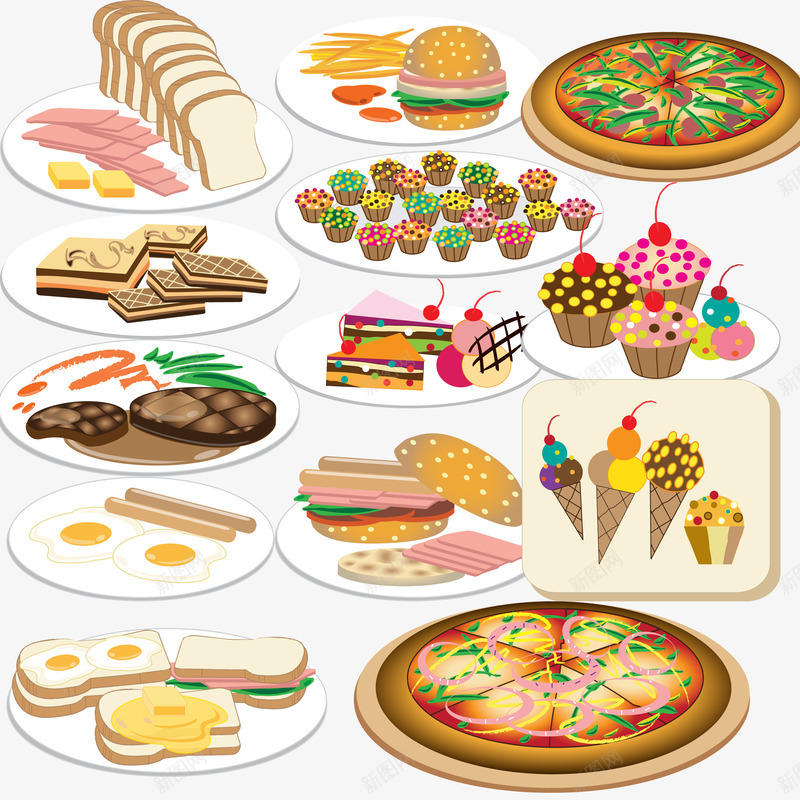 快餐美食psd免抠素材_新图网 https://ixintu.com 扁平化 披萨 牛排 蛋糕