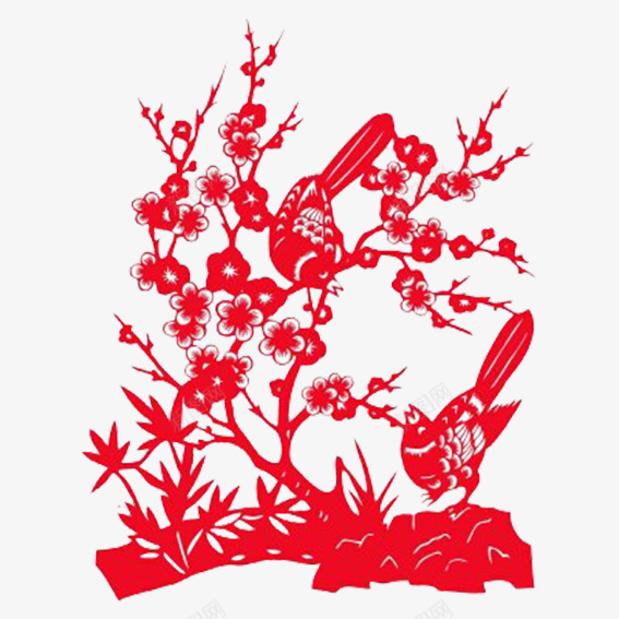 剪纸喜上梅稍png免抠素材_新图网 https://ixintu.com 中国风 剪纸 喜上梅稍 喜鹊 梅花 繁体喜字 红色