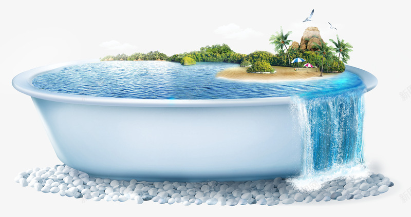 创意度假海景psd免抠素材_新图网 https://ixintu.com 创意海景 大海 沙滩 浴缸 海边 瀑布 鹅卵石