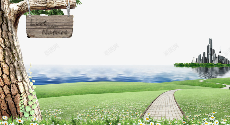 湖泊草地大树背景png免抠素材_新图网 https://ixintu.com 大树 小径 建筑 湖水 草地 路牌