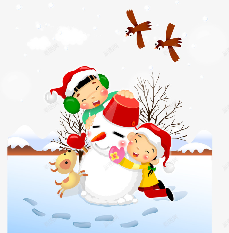 欢乐冬天png免抠素材_新图网 https://ixintu.com 小朋友 欢声笑语 水彩雪人 狗 雪 雪人 雪地玩耍