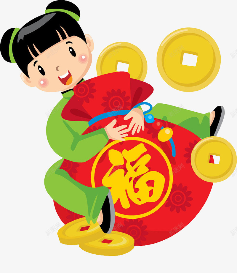 卡通抱着福袋的女孩图png免抠素材_新图网 https://ixintu.com 中国风 卡通 女孩 红色的 红袋子 铜钱 高兴地