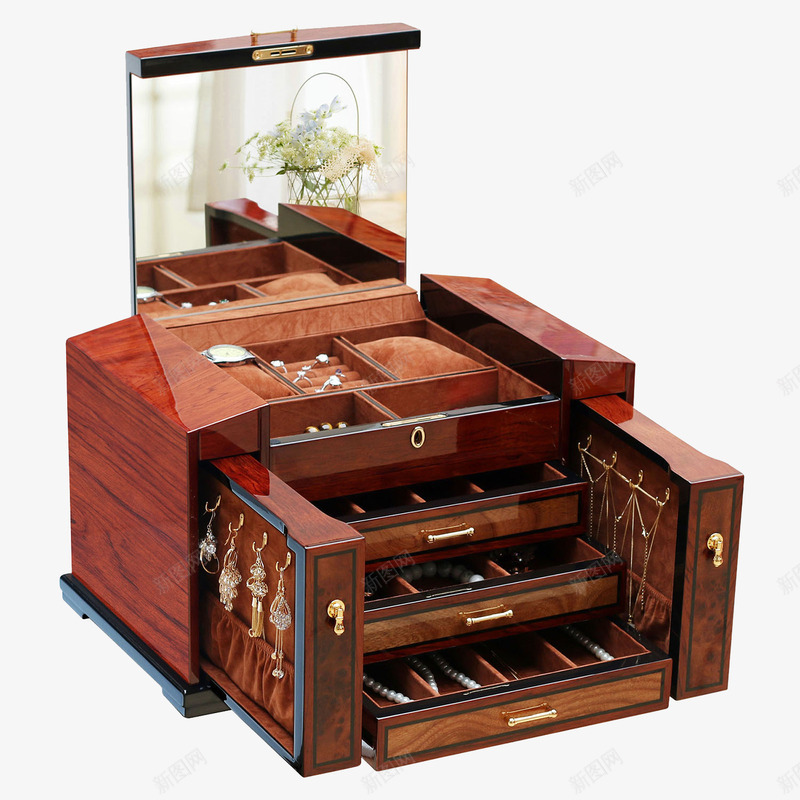 尊贵豪华珠宝盒png免抠素材_新图网 https://ixintu.com 产品实物 尊贵豪华珠宝盒 木质带锁带镜子 钢琴漆首饰盒 首饰收藏盒