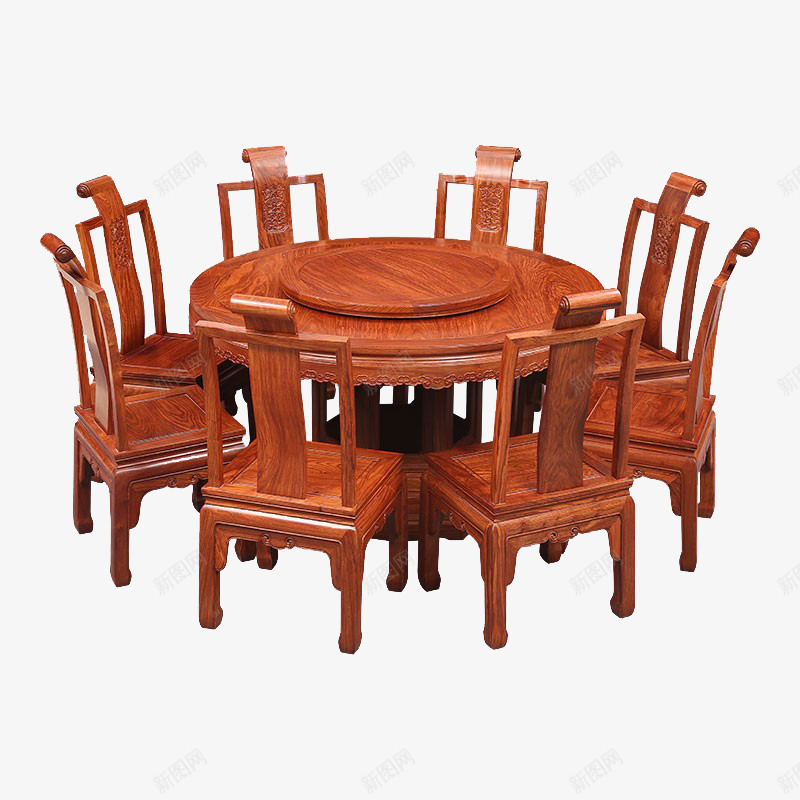 实物中式红木家具餐桌餐椅png免抠素材_新图网 https://ixintu.com 中式家具 产品实物 古典家具 圆桌 带转盘的圆桌 红木家具 雕花家具 餐桌 餐椅