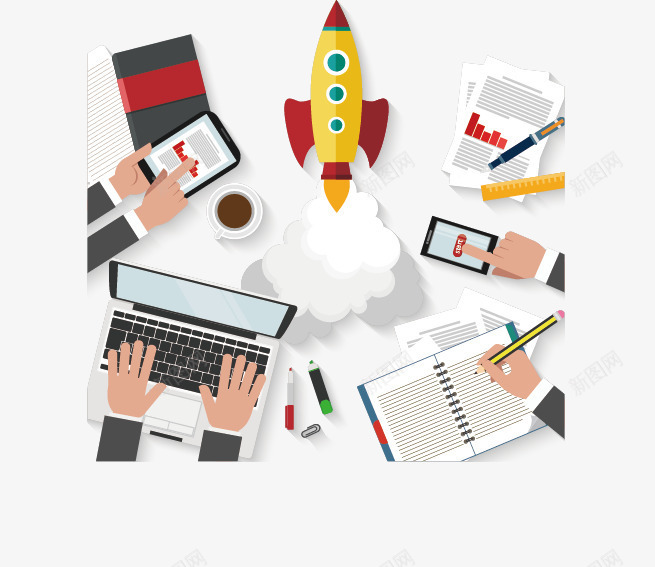 扁平办公场景png免抠素材_新图网 https://ixintu.com 平板 手绘 火箭 笔记本