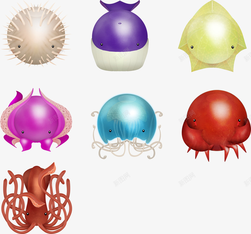 手绘海洋生物png免抠素材_新图网 https://ixintu.com 墨鱼 奇异生物 怪物 泡泡鱼 海豚 章鱼 螃蟹 触手 鲸鱼